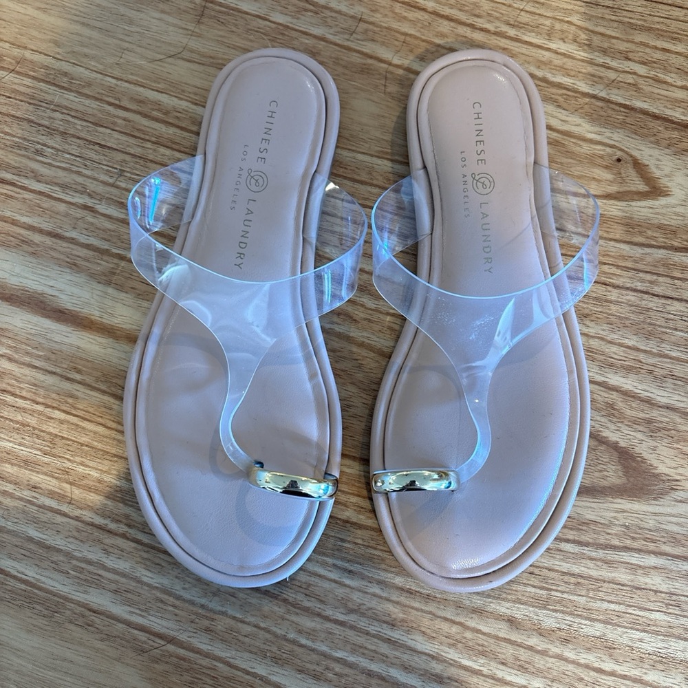 Chinese Laundry Transparent Strap Sandals with Gold Accents